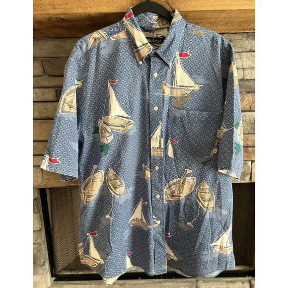 mens NAUTICA sailboats all over print short sleeve button up shirt sz L *C5 - Picture 1 of 4